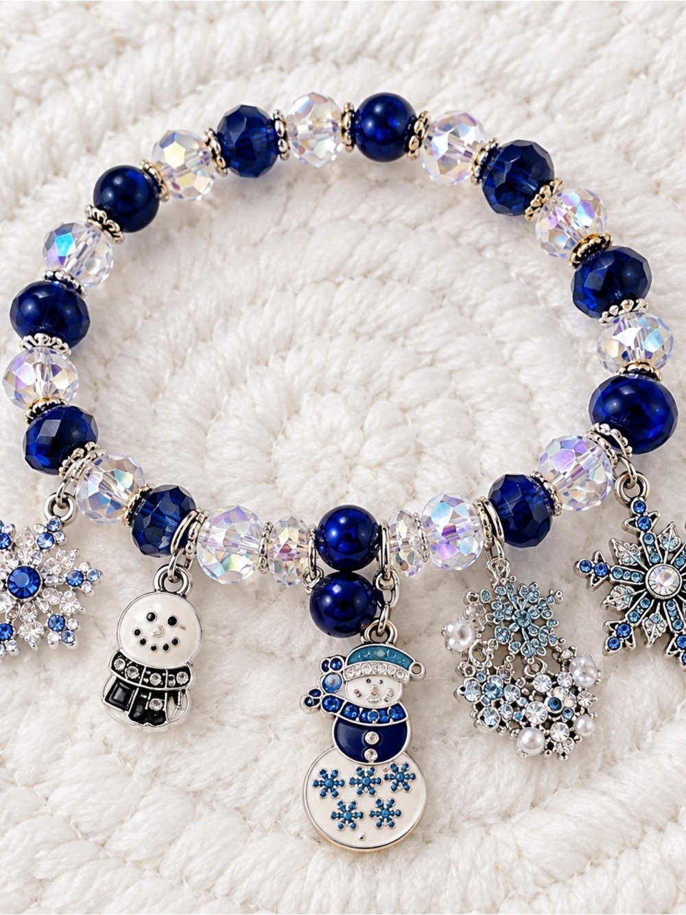 Christmas Snowman Snowflake Beaded Stretch Bracelet Blue Silver Holiday